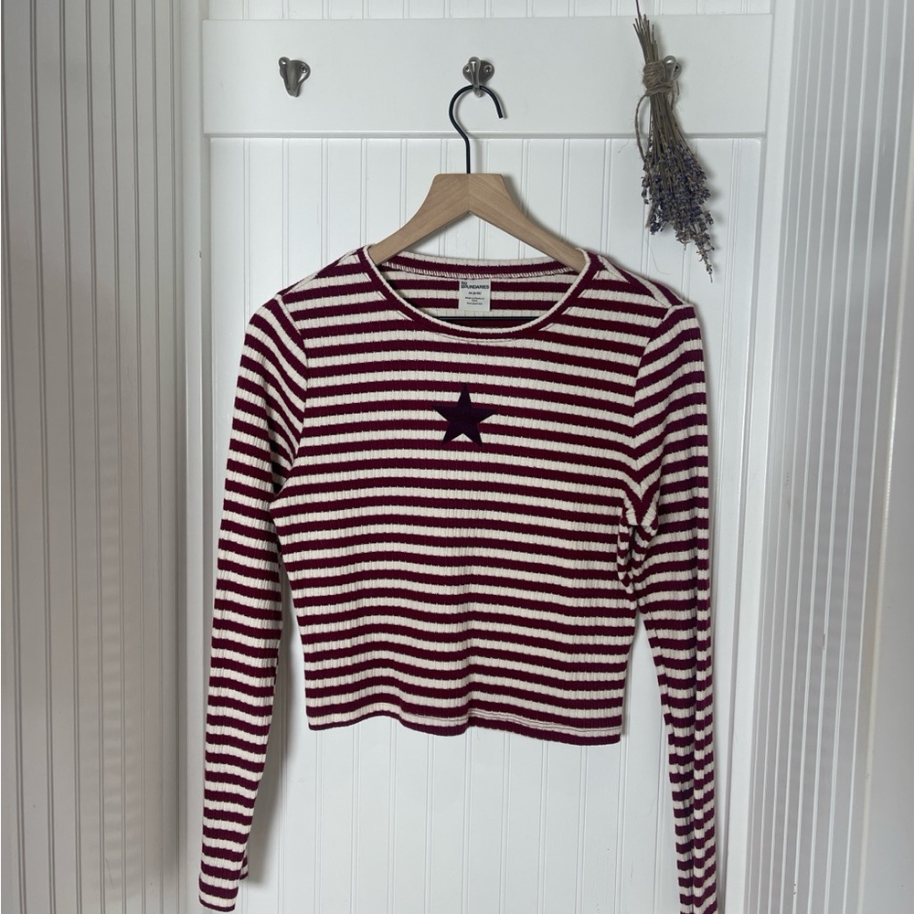 No Boundaries Burgundy & Cream Striped Star Sweater Top